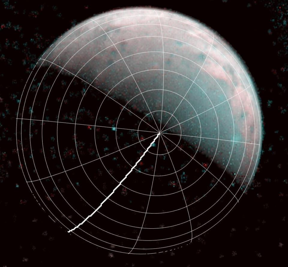 The north pole of Ganymede can be seen in center of this annotated image taken by the JIRAM infrared imager aboard NASAs Juno spacecraft on Dec 26 2019 The thick line is 0degrees longitude