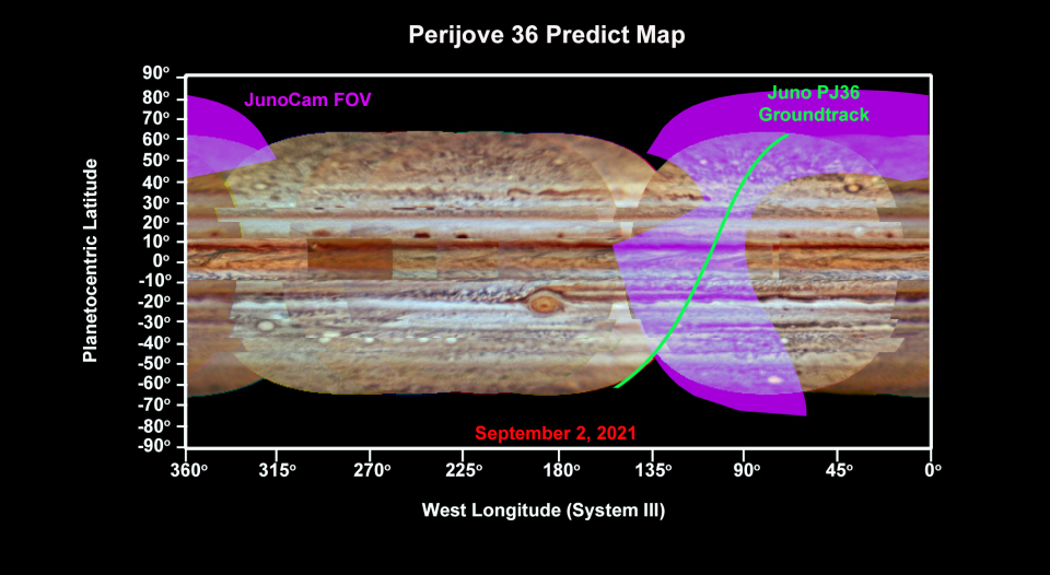 PJ36 Jupiter  Predict Map showing JunoCam FOV