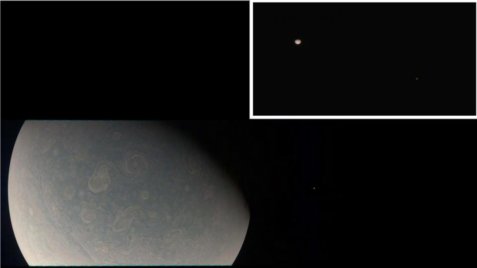 A composite image of Jupiter with moons Io and Callisto