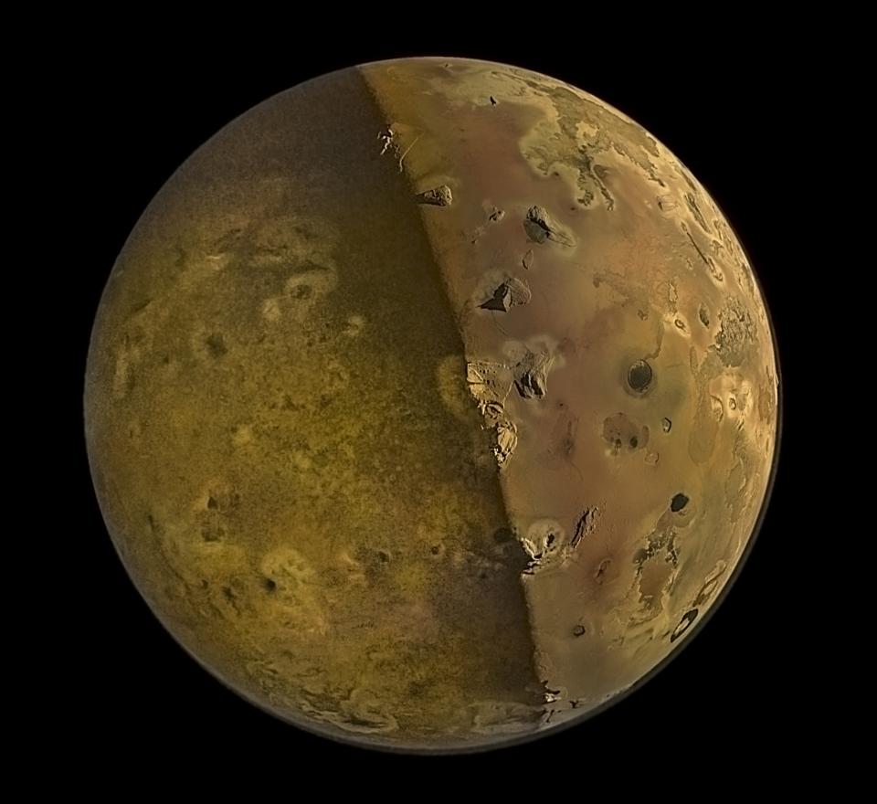 Artist composite showing the day side of Io on the right and the night side of Io on the left Volcanos and mountains are visible across the moon